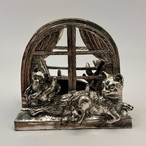 Vintage Cast Metal Cat Kittens Letter Holder 4” x 4”